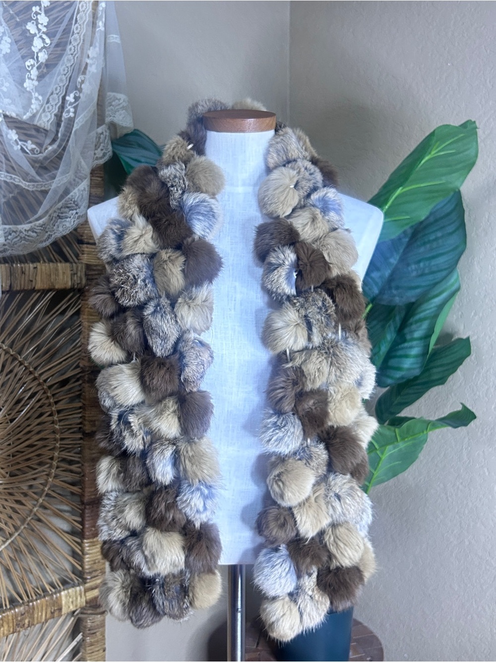 Genuine rabbit  Brown & Tan Pom-Pom Fur neck scarf 52 in by 6 inches